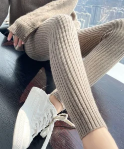 Slim Leggings Autumn Women High Waist Casual Trousers Knitted Ribbed Thicken Solid Elasticity Thermal Ankle-Length Leggins