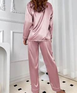 Ladies' autumn and winter solid color imitation silk comfortable and elegant purple pajamas women's long sleeved home suit set - Image 6