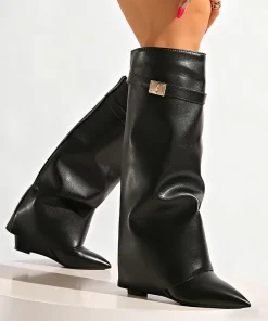 Black Pu Leather Knee High Boots Women Sexy Pointed Toe Straight Leg Boots Woman Punk Style Wedge High Heels Long Botas Mujer