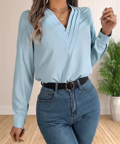 Women's Elegant Business Office Blouse Layered V Neck Long Sleeve 2024 Dressy Shirts Work Tops - Image 6