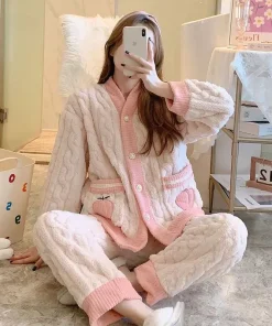 Alternative view of Thickened Warm Pink Peach Coral Velvet Pajamas 2PCS Set Winter Ladies Cardigan Nightwear Homewear Sweet Sleepwear Loungewear
