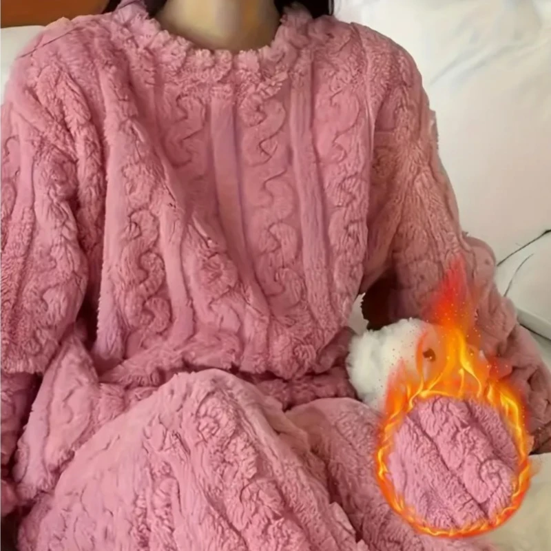 Soft Coral Velvet Jacquard Warm Pajama Set for Women Cozy Loungewear Outerwear for Winter Christmas Valentine's Day Gift 