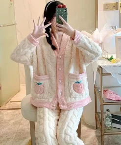 Thickened Warm Pink Peach Coral Velvet Pajamas 2PCS Set Winter Ladies Cardigan Nightwear Homewear Sweet Sleepwear Loungewear - Image 4