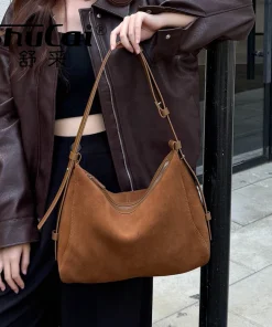 Genuine Grade Suede Leather Luxury Designer Large Capacity Women's Tote Bag Vintage Shoulder Crossbody Underarm Bags Trendy New - Image 4