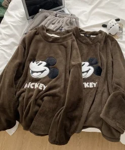 Disney Mickey Couples Pajamas Set Winter Warm Coral Fleece Flannel Sleepwear Loungewear Two Piece Brown Home Outfit - Image 3