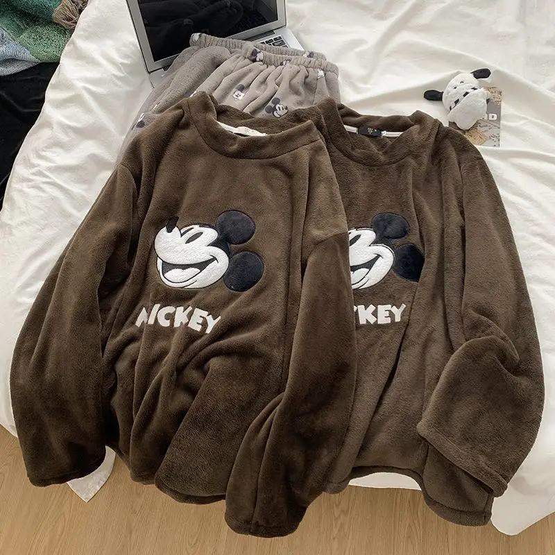 Disney Mickey Couples Pajamas Set Winter Warm Coral Fleece Flannel Sleepwear Loungewear Two Piece Brown Home Outfit - Image 3