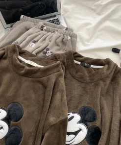 Disney Mickey Couples Pajamas Set Winter Warm Coral Fleece Flannel Sleepwear Loungewear Two Piece Brown Home Outfit - Image 4