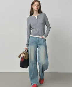 FSLE Design Relaxed High Waist Jeans Women's 2025 Autumn New Arrival Slashed Jeans Trousers 25FS13105 - Image 5