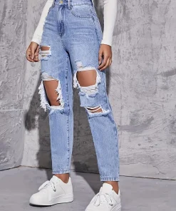 2025 Women's New Denim Pants, High Waisted Straight Leg, Perforated, Casual Style, Fashionable and Versatile - Image 3
