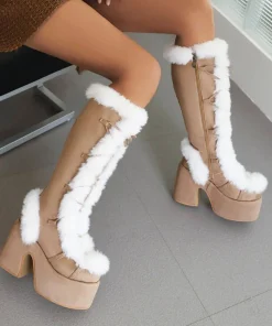 GIGIFOX Fur Super Chunky High Heel Platform Mid-Calf Boots For Women Faux Suede Round Toe Side Zipper Lace-Up Warm Casaul Boots