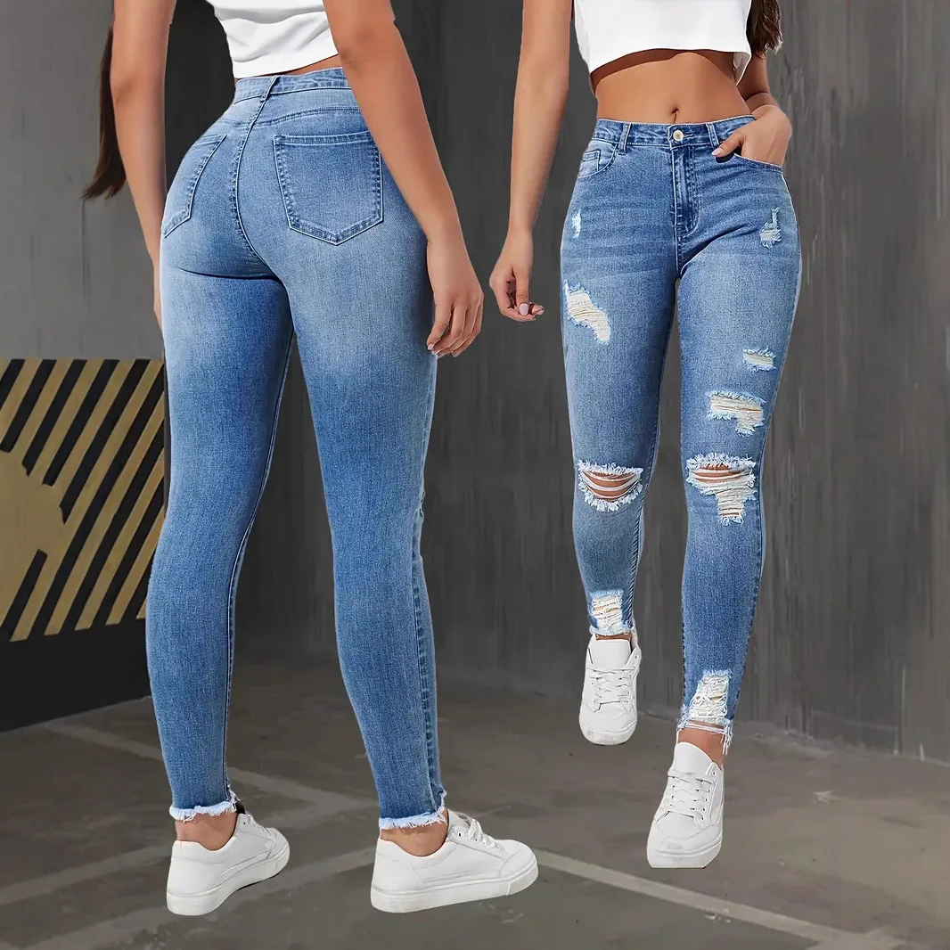 Fashion Skinny Hole Jeans Women 2025 Autumn Stretchy High Waisted Ripped Slim Retro Solid Color Denim Trousers Pants