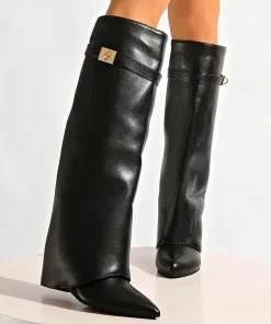 Black Pu Leather Knee High Boots Women Sexy Pointed Toe Straight Leg Boots Woman Punk Style Wedge High Heels Long Botas Mujer - Image 5