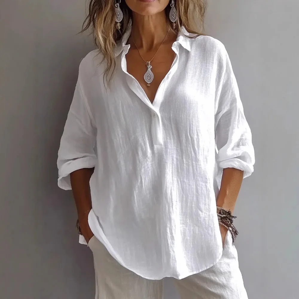 VEITCHE Spring Summer Fashion Women Shirt Turn-Down Collar Lace Up Loose Blouses Female Casual Trendy Solid color Loose Top - Image 3