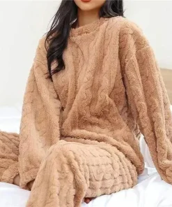 Soft Coral Velvet Jacquard Warm Pajama Set for Women Cozy Loungewear Outerwear for Winter Christmas Valentine's Day Gift - Image 3