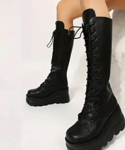 DoraTasia Black Gothic Fashion Round Toe Side Zipper Lace Up Women's Mid Calf Boots New INS Christmas Street Party Shoes Woman - Image 4