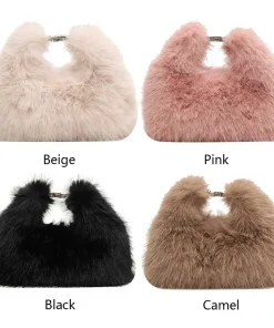 Faux Fur Shoulder Bag for Women Top Handle Clutch Bag Adjustable Strap Fluffy Crossbody Bag Lady Furry Handbag Party Purse - Image 3