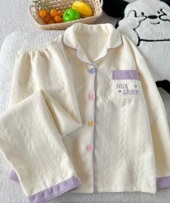 Embroidery Letter Fashion New Women's Pajamas Set 2025 Autumn Winter New Casual Soft Sweet Loungewear Lapel Neck HomeWear Suit - Image 3