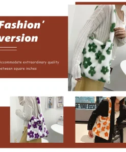 Women Cute Shoulder Bags Fluffy Flower Crossbody Bags Autumn Winter Plush Tote Handbag Large Capacity Fashion Messenger Bag - Image 3
