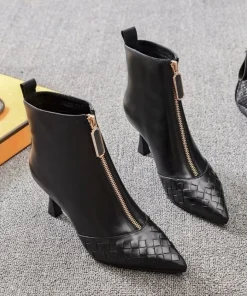 Alternative view of 2025 New Women's Fashion Ankle Boots - Black Glossy Leather Quilted Booties with Front Zipper & Mid-Heel, Slim-Fit Winter Boots