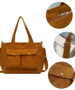 New Vintage Multi Pocket Corduroy Handbag Large Capacity Women's Shoulder Bag Casual Crossbody Bag For Women Commuting - Image 5