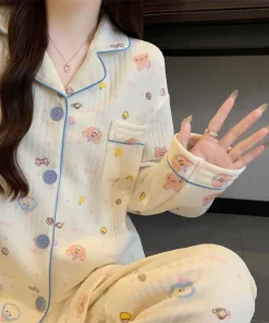 Alternative view of Two-Piece Set Ladies Pajamas Set Long-Sleeved Cartoon Sweet Cute Print Cardigan Home Wear Simple Sleepwear Winter Autumn New