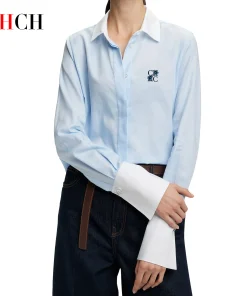 Alternative view of Simple New Women's Shirt Splicing Design Embroidery Flowers Elegant and Versatile Spring and Summer Striped Women's Tops