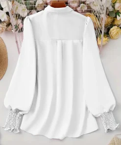 Plus Size 2025 Spring and Summer New Women's Casual Puff Sleeve Blouse Solid Color Suitable for Office Outdoor Single Breasted - Image 3