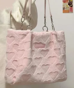 Sweet Love Heart Purse Women's Furry Tote Bags Winter Fashion Ladies Faux Fur Handbags Elegant Female Soft Plush Shoulder Bag