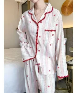 Plus Size Pajamas 2 Pieces Set Y2K Striped Strawberry Print Casual Korean Sweet Soft Women's Pajamas Autumn Winter New Homewear - Image 6