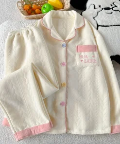 Embroidery Letter Fashion New Women's Pajamas Set 2025 Autumn Winter New Casual Soft Sweet Loungewear Lapel Neck HomeWear Suit