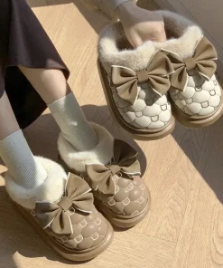 Platform Ankle Boots Female Bowknot Designer Winter Snow Booties Indoor Fluffy Slippers Women House Flats Fashion Footwear Warm - Image 3