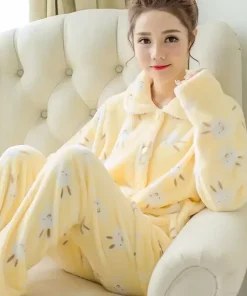 Thickened Flannel Coral Fleece Sleepwear Long Sleeve Home Clothes Set for Women Winter Warm Cozy Two-Piece Suit Comfortable Paja - Image 3