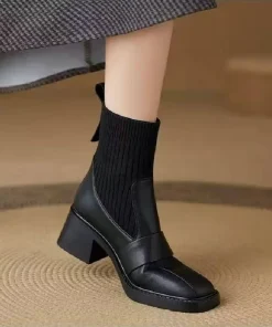 2025 Winter French Style Knitted Cuff Short Boots for Women - Square Toe Chunky Heel Slim-Fit, Elastic High Heel Boots - Image 6