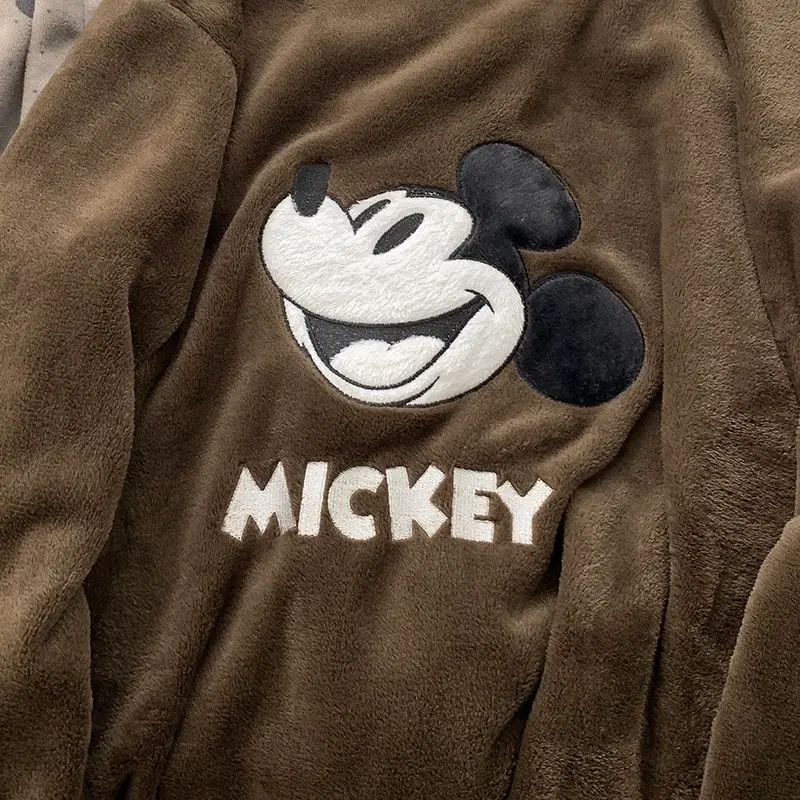 Disney Mickey Couples Pajamas Set Winter Warm Coral Fleece Flannel Sleepwear Loungewear Two Piece Brown Home Outfit - Image 2