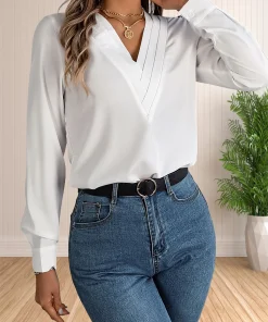 Women's Elegant Business Office Blouse Layered V Neck Long Sleeve 2024 Dressy Shirts Work Tops - Image 4