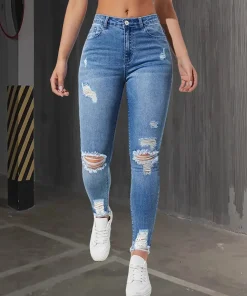 Alternative view of Fashion Skinny Hole Jeans Women 2025 Autumn Stretchy High Waisted Ripped Slim Retro Solid Color Denim Trousers Pants