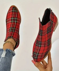 Ankle Boots Women's Christmas Plaid Print Zipper Retro Red Plaid Chelsea Boots Outdoor Platform Shoes Classic Side Booties