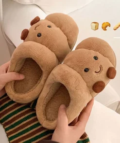 Fun Croissant Bread Cotton Slippers for Men and Women, Winter Couple Home Use, Thick-Soled Non-Slip Home Slippers for Women