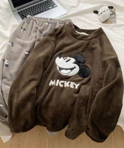 Disney Mickey Couples Pajamas Set Winter Warm Coral Fleece Flannel Sleepwear Loungewear Two Piece Brown Home Outfit