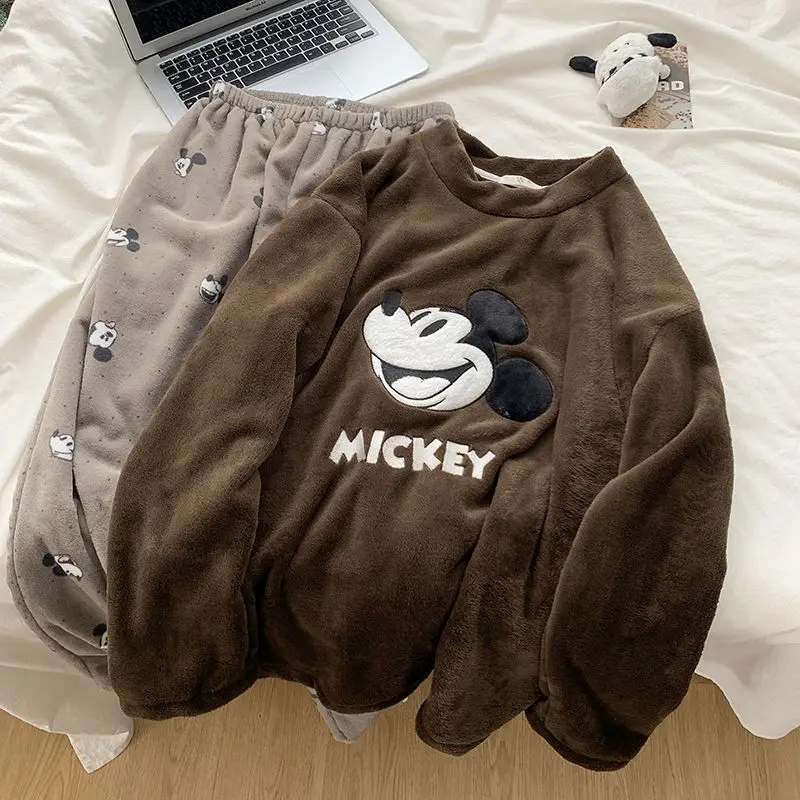 Disney Mickey Couples Pajamas Set Winter Warm Coral Fleece Flannel Sleepwear Loungewear Two Piece Brown Home Outfit