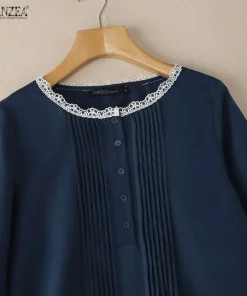 ZANZEA Women's Pintuck Navy Blouses Summer Casual 3/4 Sleeve Lace Trim O-Neck Solid Color Half Button Shirts Woman Clothes S-3XL - Image 3