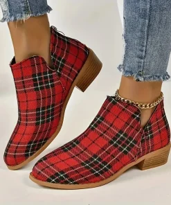 Ankle Boots Women's Christmas Plaid Print Zipper Retro Red Plaid Chelsea Boots Outdoor Platform Shoes Classic Side Booties - Image 5