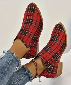 Ankle Boots Women's Christmas Plaid Print Zipper Retro Red Plaid Chelsea Boots Outdoor Platform Shoes Classic Side Booties - Image 3