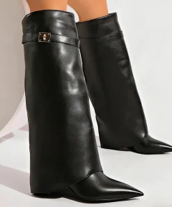 Black Pu Leather Knee High Boots Women Sexy Pointed Toe Straight Leg Boots Woman Punk Style Wedge High Heels Long Botas Mujer - Image 6