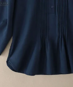 ZANZEA Women's Pintuck Navy Blouses Summer Casual 3/4 Sleeve Lace Trim O-Neck Solid Color Half Button Shirts Woman Clothes S-3XL - Image 5