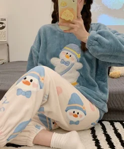 Large Size Thickened Warm Sleepwear for Winter Flannel Women Nightwear Homewear Ladies Cartoon Pajamas Loungewear Two-Piece Suit - Image 5