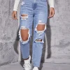 2025 Women's New Denim Pants, High Waisted Straight Leg, Perforated, Casual Style, Fashionable and Versatile