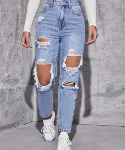 2025 Women's New Denim Pants, High Waisted Straight Leg, Perforated, Casual Style, Fashionable and Versatile