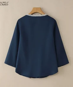 Alternative view of ZANZEA Women's Pintuck Navy Blouses Summer Casual 3/4 Sleeve Lace Trim O-Neck Solid Color Half Button Shirts Woman Clothes S-3XL