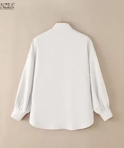 ZANZEA Women's Fashion Tie Neck Blouses Woolen Fabric Patchwork Long Sleeve Tops Streetwear Spring Summer Shirts Woman Clothes - Image 3